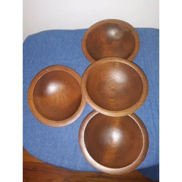Set of 4 wood bowls VTG WOODCRAFTERY MADE IN AMERICA ovoid RUSTIC FARMHOUSE - Picture 2 of 12